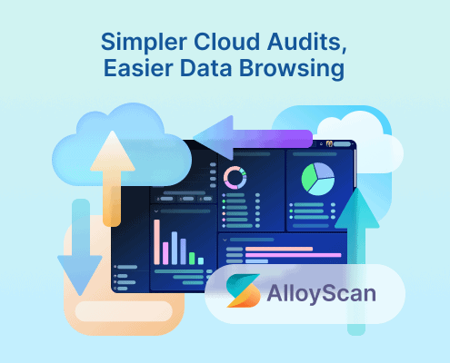 “Simpler Cloud Audits, Easier Data Browsing” above an AlloyScan dashboard illustration with clouds and data-transfer arrows.