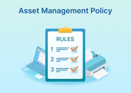 Asset management policy graphic with a rules checklist, laptop, and printer on a light blue background.