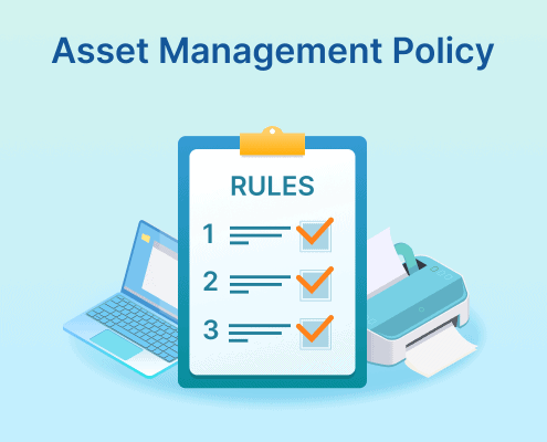 Asset management policy graphic with a rules checklist, laptop, and printer on a light blue background.