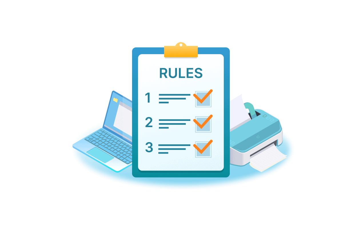 asset-management-policy-635x400-t Rules checklist with checked boxes between a laptop and printer, illustrating an asset management policy.
