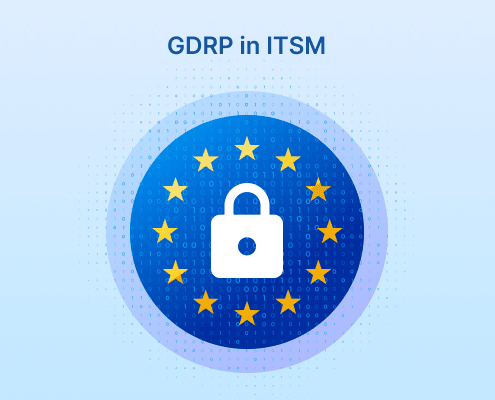 GDPR in ITSM graphic featuring a padlock encircled by EU stars over a blue binary-code background.