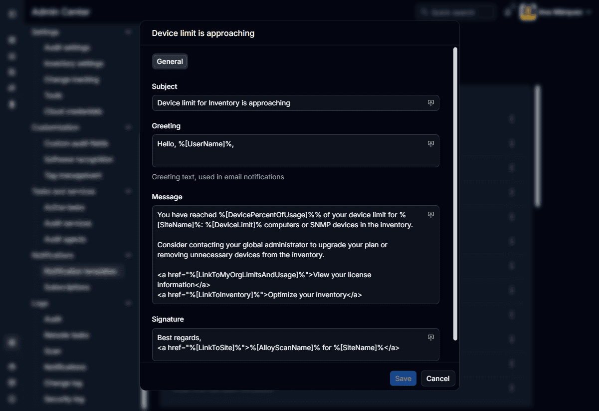 3-system-notifications Editor for the “Device limit is approaching” notification, with customizable subject, greeting, message, and signature fields.