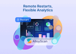 AlloyScan illustration featuring a Restart button, analytics dashboard charts, and the AlloyScan logo surrounded by colorful shapes.
