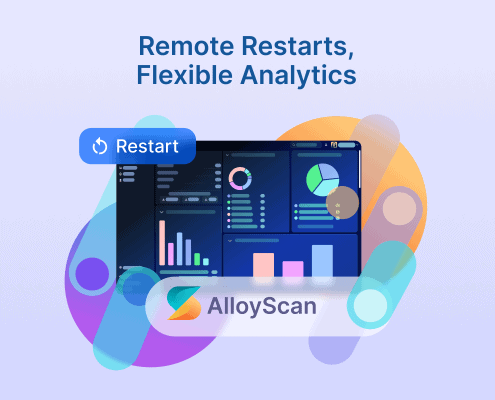 AlloyScan illustration featuring a Restart button, analytics dashboard charts, and the AlloyScan logo surrounded by colorful shapes.